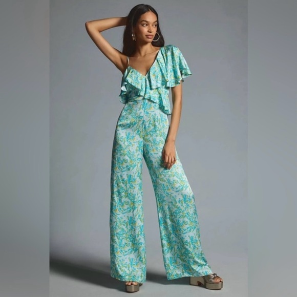 Anthropologie Corey Lynn Calter Blue Silky‎ Ruffle Wide Leg Jumpsuit Wedding